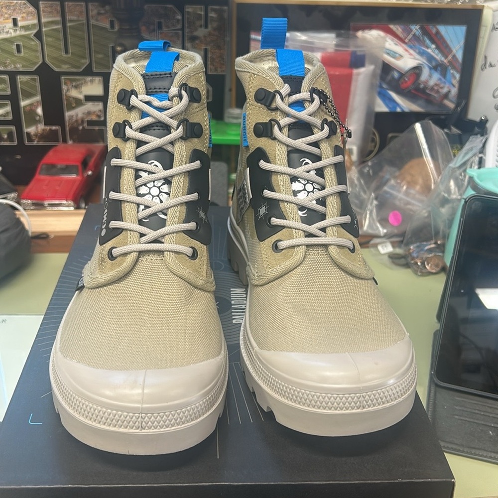 Beige High-Top Sneakers with Blue Accents